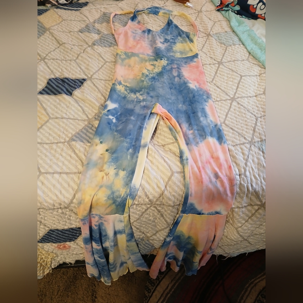 Bell bottom tye die jumpsuit.